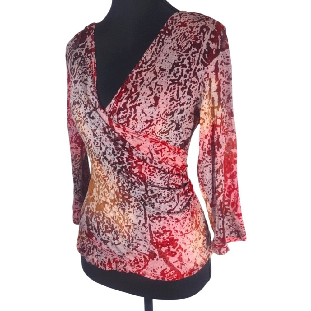 Y2K Vintage Sheer Burnout 3/4 Sleeve Red Whimsigoth Fairy Wrap Style Top  S Boho